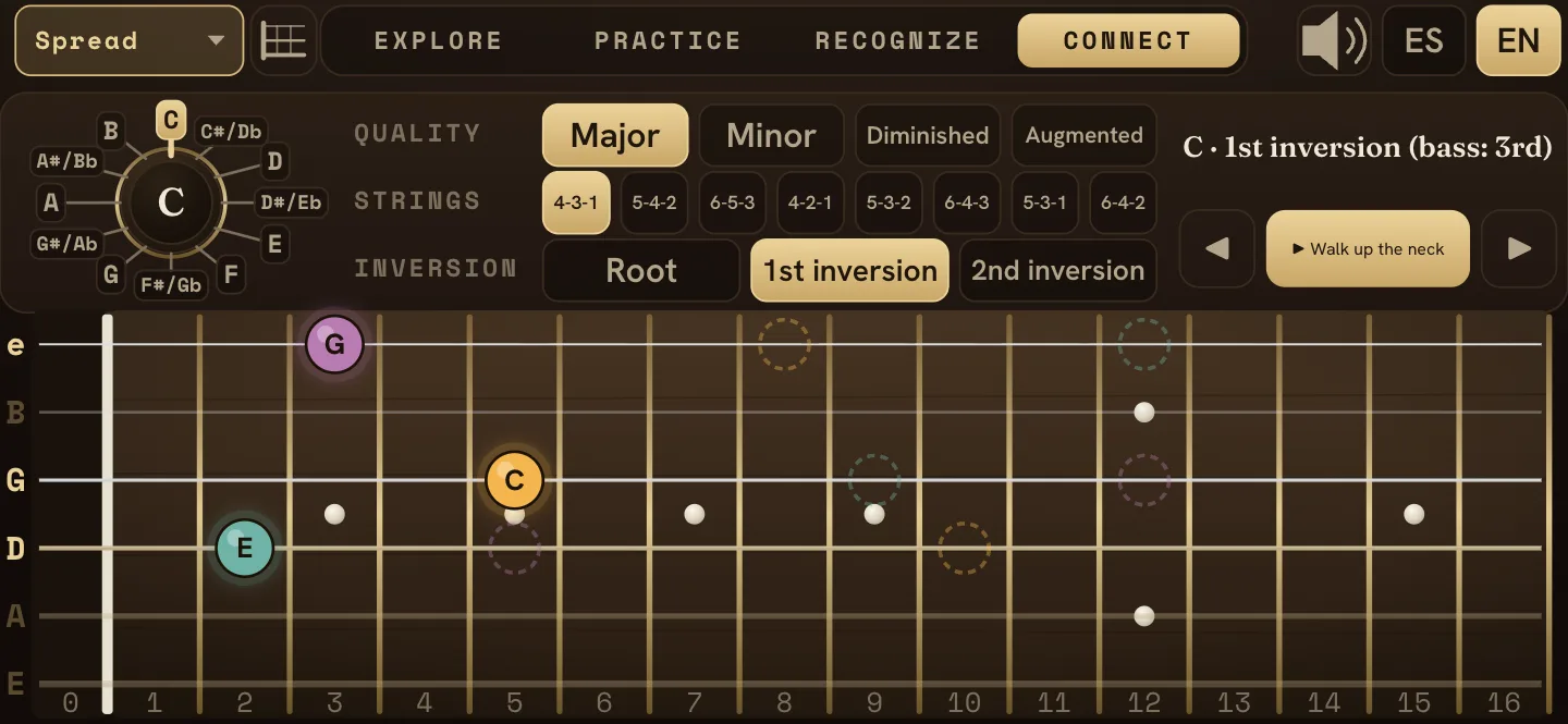 Connect mode: a spread triad chained through its three inversions up the neck, skipped string included