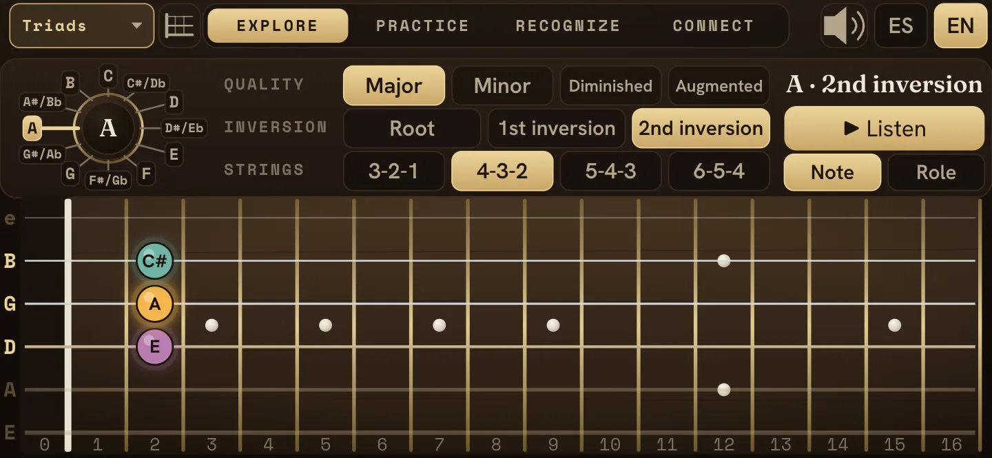 Explore mode: module selector, chromatic knob and the shape drawn on the fretboard