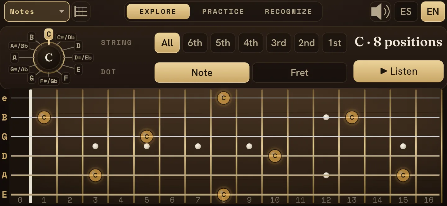 Notes module: every position of C lit up across the whole fretboard, with a string filter