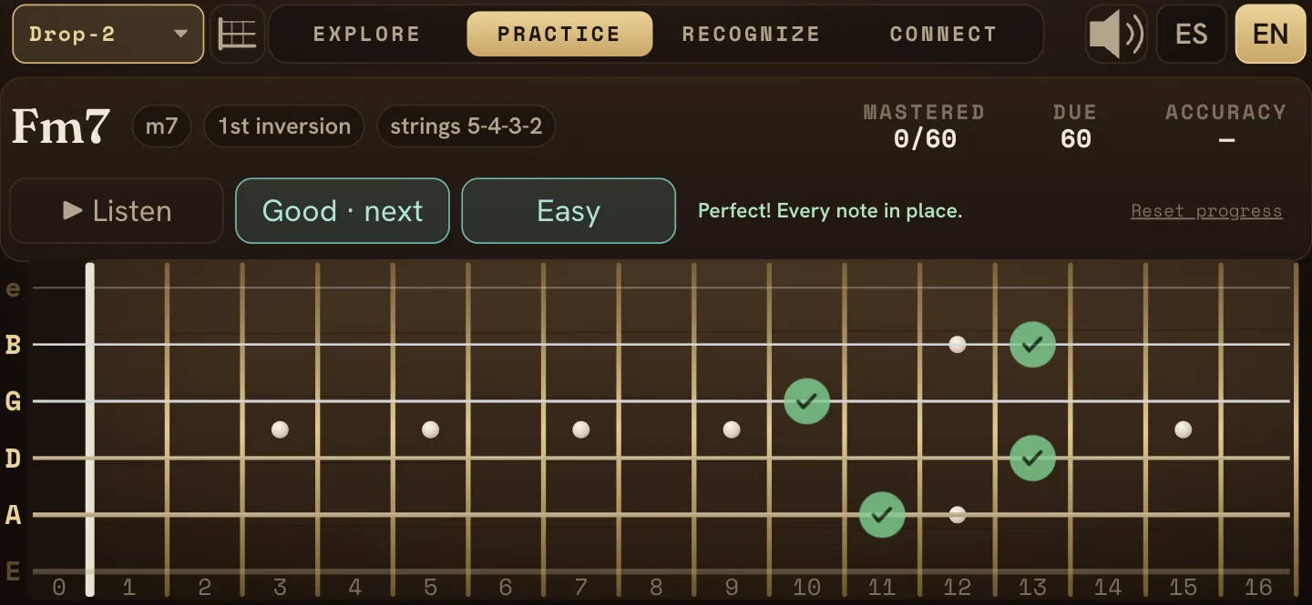 Practice mode: the app asks for a drop-2 voicing and you place the notes on the fretboard
