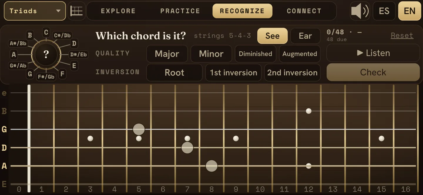 Recognize mode: an unlabeled shape on the fretboard with a See / Ear switch, to be named by root, quality and inversion